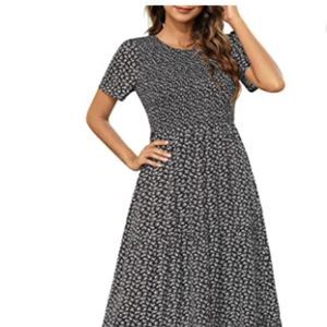 Black Bohemian Short Sleeve Smocked White Floral Tiered Maxi Dress Size Small